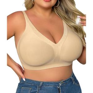 imageSHAPERX Womens Deep V Everyday Bras Wireless Comfort No Underwire Bralettes Soft Push Up Bra Regular and Plus SizeBeige