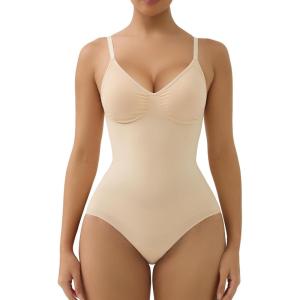 imageSHAPERX Womens Shapewear Tummy Control Bodysuit with Removable Pads Seamless Sculpting Mid Thigh Body ShaperBeige Brief
