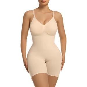imageSHAPERX Womens Shapewear Tummy Control Bodysuit with Removable Pads Seamless Sculpting Mid Thigh Body ShaperBeige Mid Thigh