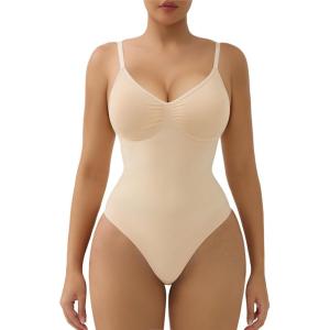 imageSHAPERX Womens Shapewear Tummy Control Bodysuit with Removable Pads Seamless Sculpting Mid Thigh Body ShaperBeige Thong