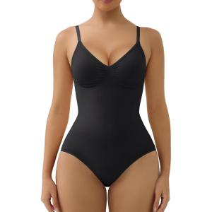 imageSHAPERX Womens Shapewear Tummy Control Bodysuit with Removable Pads Seamless Sculpting Mid Thigh Body ShaperBlack Brief