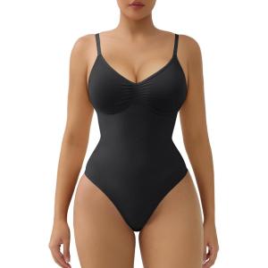 imageSHAPERX Womens Shapewear Tummy Control Bodysuit with Removable Pads Seamless Sculpting Mid Thigh Body ShaperBlack Thong