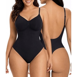 image:imageSHAPERX Womens Low Back Shapewear Bodysuit Seamless Tummy Control Backless Thong Body Shaper with Adjustable StrapsBlack